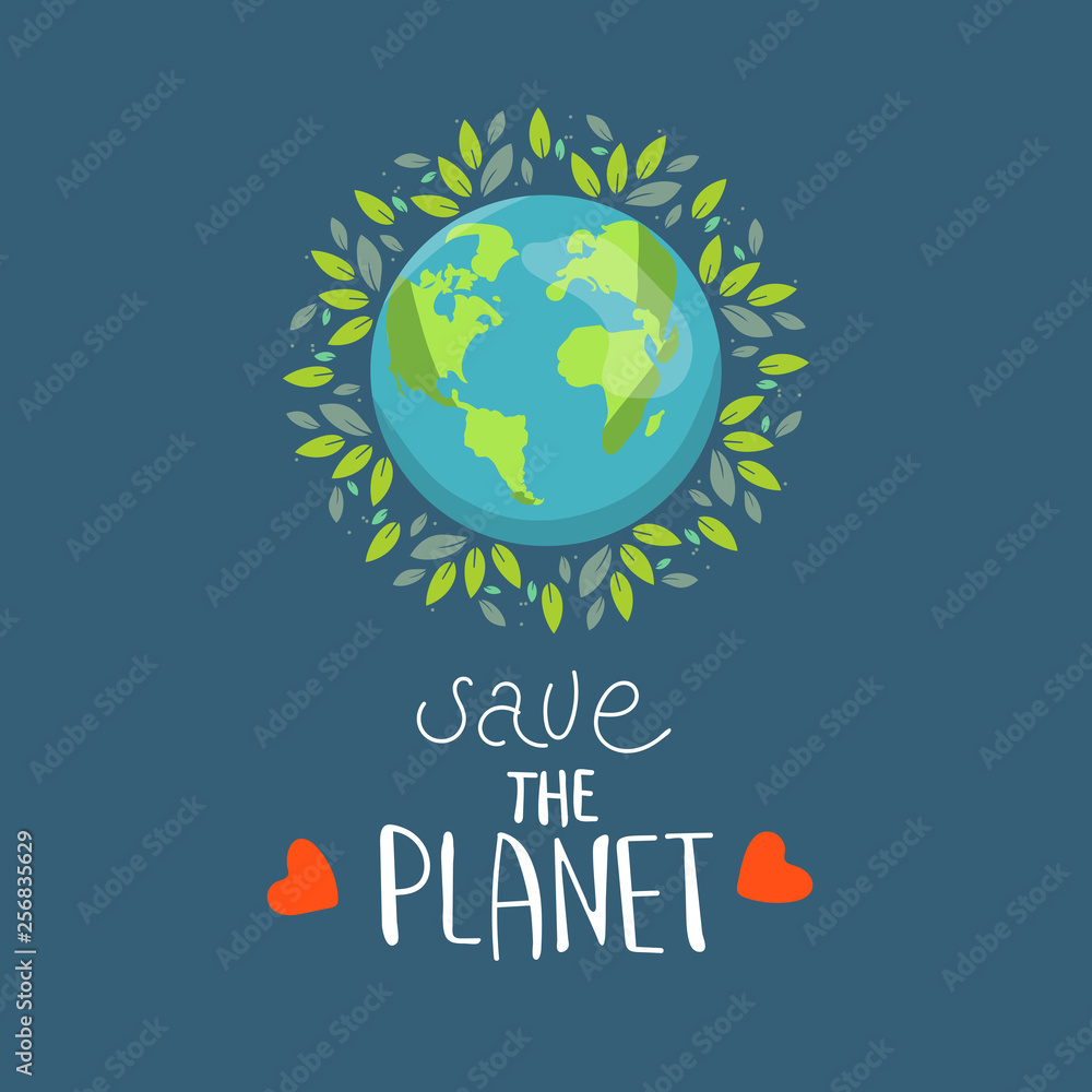 Save our planet earth, ecology eco environmental protection, climate changes, Earth Day April 22, planet with leaves vector emblem with leaves illustration isolated, blue background. logo