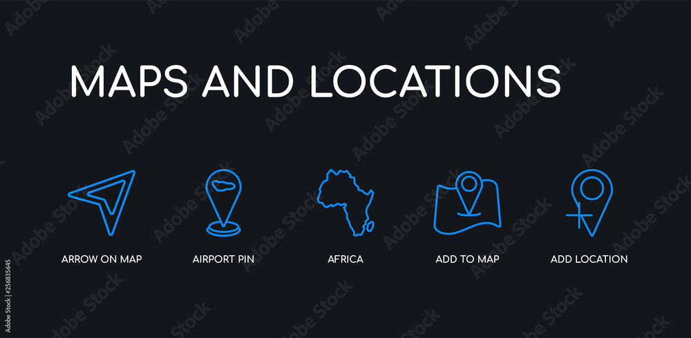 Φωτογραφία 5 outline stroke blue add location, add to map, africa, airport pin, arrow on map icons from maps and locations collection on black background
