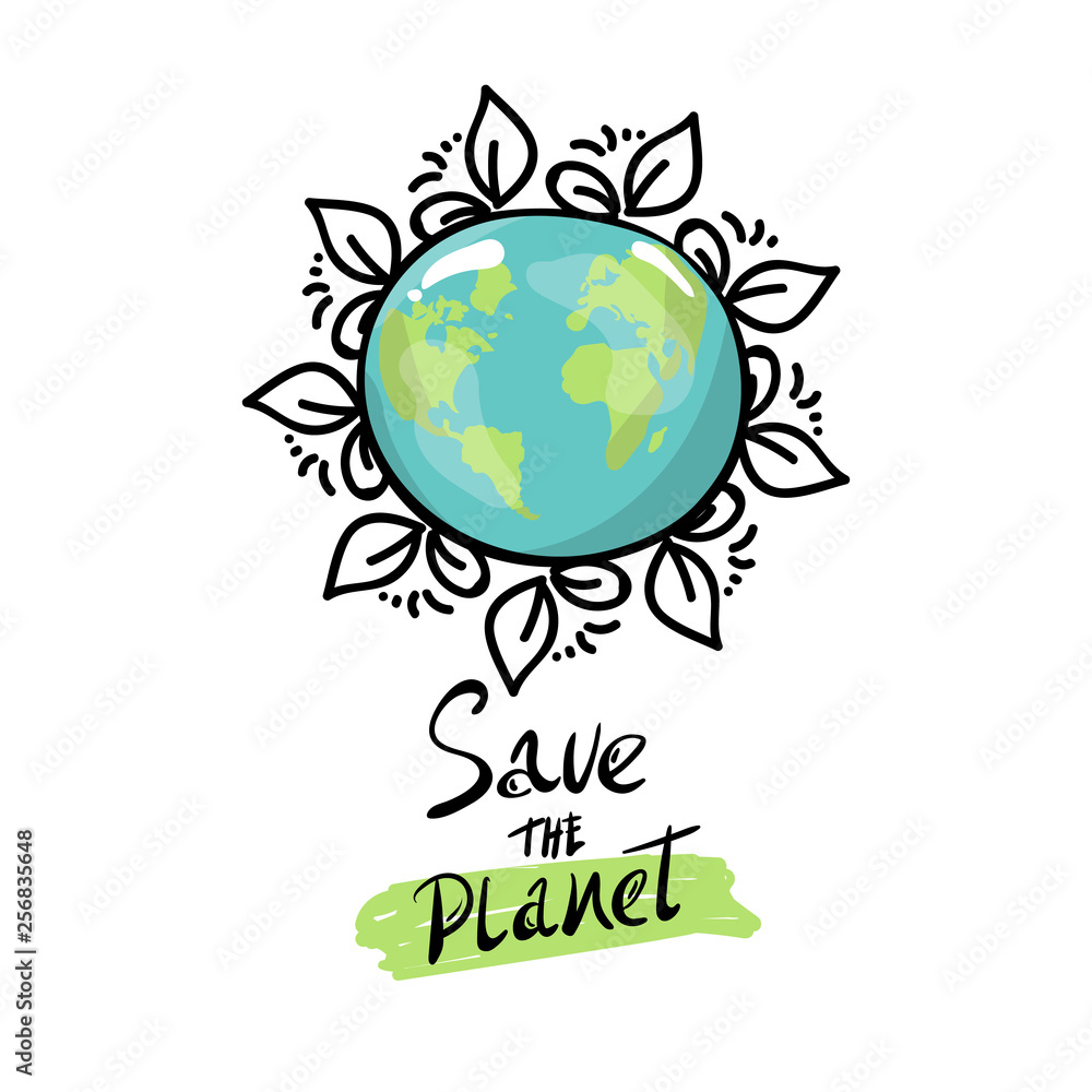 Save our planet earth, ecology eco environmental protection, climate changes, Earth Day April 22, planet with leaves vector emblem with leaves illustration isolated, white background. logo