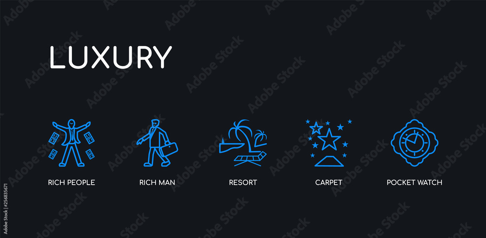 Φωτογραφία 5 outline stroke blue pocket watch, carpet, resort, rich man, rich people icons from luxury collection on black background