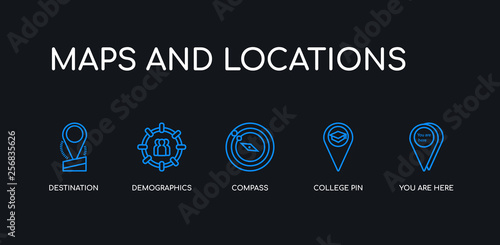 5 outline stroke blue you are here, college pin, compass, demographics, destination icons from maps and locations collection on black background. line editable linear thin icons.