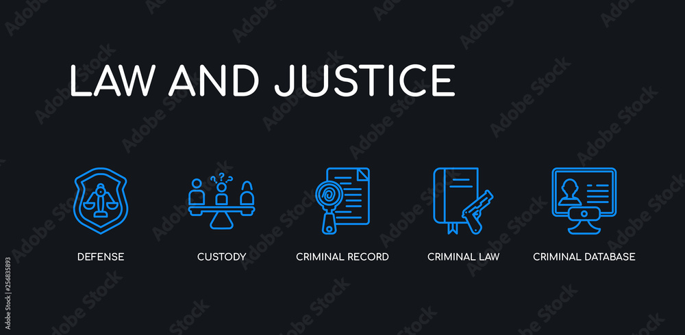 5 outline stroke blue criminal database, criminal law, criminal record, custody, defense icons from law and justice collection on black background. line editable linear thin icons.