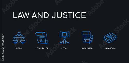 5 outline stroke blue law book, law paper, legal, legal paper, libra icons from law and justice collection on black background. line editable linear thin icons.