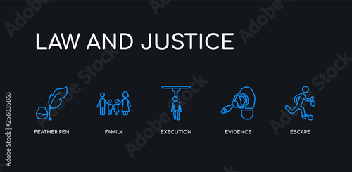 5 outline stroke blue escape, evidence, execution, family, feather pen icons from law and justice collection on black background. line editable linear thin icons.