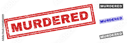Grunge MURDERED rectangle stamp seals isolated on a white background. Rectangular seals with grunge texture in red, blue, black and gray colors.