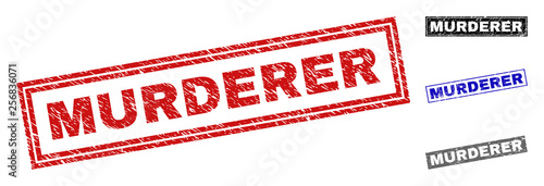 Grunge MURDERER rectangle stamp seals isolated on a white background. Rectangular seals with grunge texture in red, blue, black and gray colors.