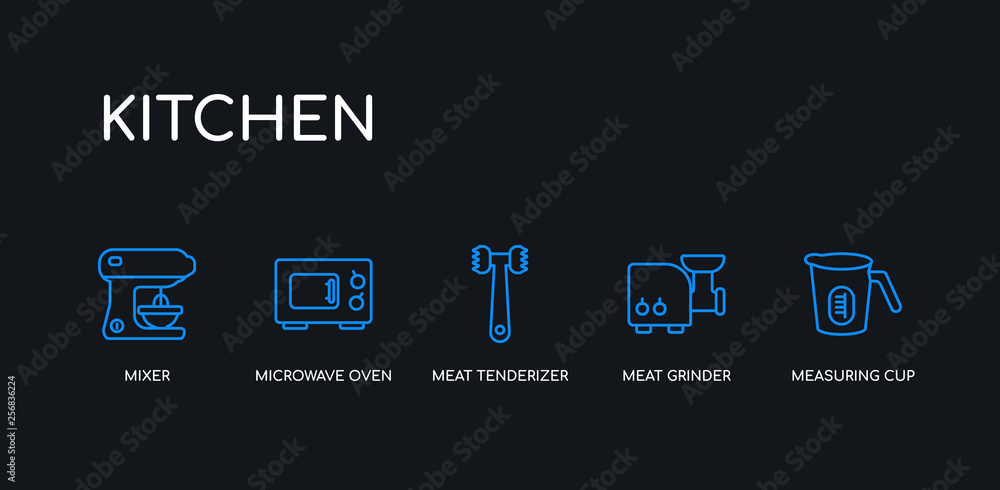 5 outline stroke blue measuring cup, meat grinder, meat tenderizer, microwave oven, mixer icons from kitchen collection on black background. line editable linear thin icons. 5 outline stroke blue measuring cup, meat grinder, meat tenderizer, microwave oven, mixer icons from kitchen collection on black background. line editable linear thin icons.