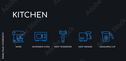 5 outline stroke blue measuring cup, meat grinder, meat tenderizer, microwave oven, mixer icons from kitchen collection on black background. line editable linear thin icons.