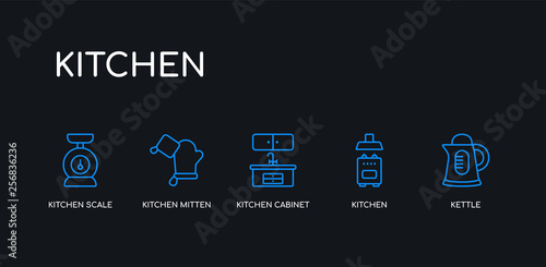 5 outline stroke blue kettle, kitchen, kitchen cabinet, kitchen mitten, scale icons from collection on black background. line editable linear thin icons.