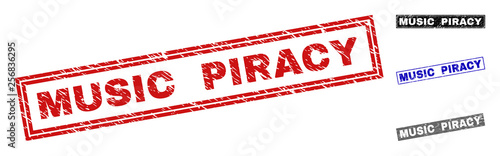 Grunge MUSIC PIRACY rectangle stamp seals isolated on a white background. Rectangular seals with grunge texture in red, blue, black and gray colors.