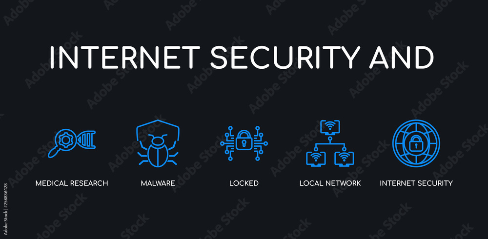 5 outline stroke blue internet security, local network, locked, malware, medical research icons from internet security and collection on black background. line editable linear thin icons.