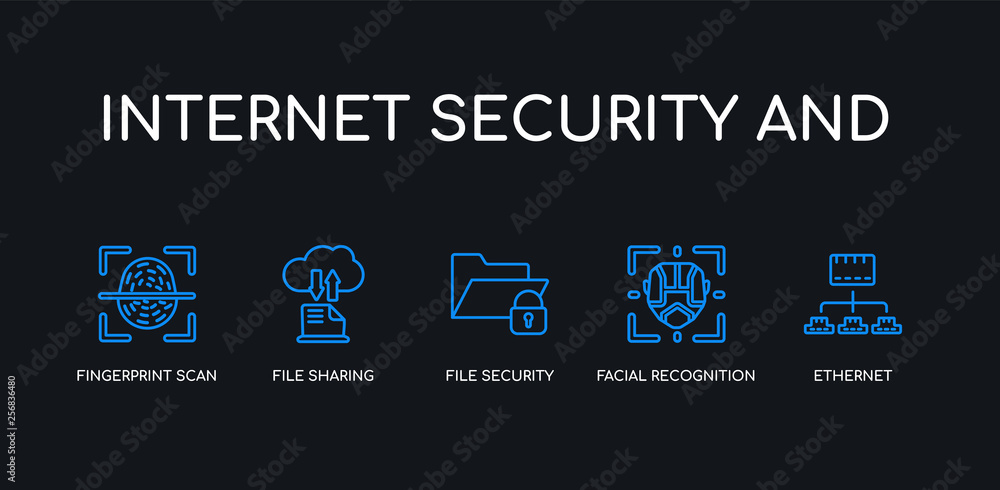 Fototapeta premium 5 outline stroke blue ethernet, facial recognition, file security, file sharing, fingerprint scan icons from internet security and collection on black background. line editable linear thin icons.