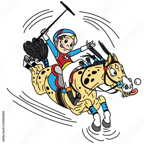 cartoon equestrian polo sport . Player little boy riding a pony horse and holding a mallet stick to hit a ball .The  horse in gallop . Vector illustration