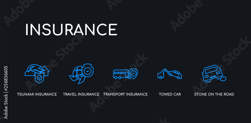 5 outline stroke blue stone on the road, towed car, transport insurance, travel insurance, tsunami insurance icons from collection on black background. line editable linear thin icons.