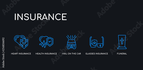 5 outline stroke blue funeral, glasses insurance, hail on the car, health insurance, heart insurance icons from collection on black background. line editable linear thin icons.