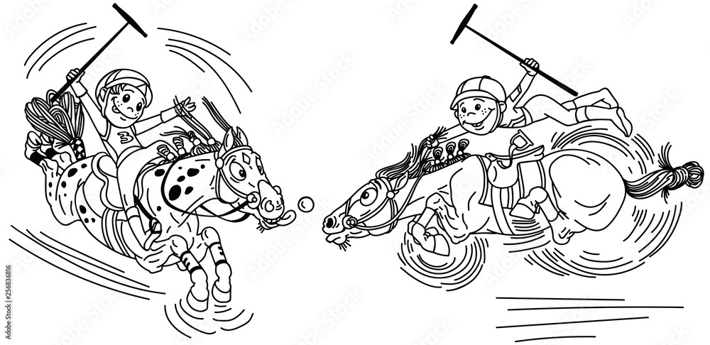 Two little boys on horseback playing a game of polo . Cartoon players and pony horses. Funny equestrian sport. Outline vector illustration