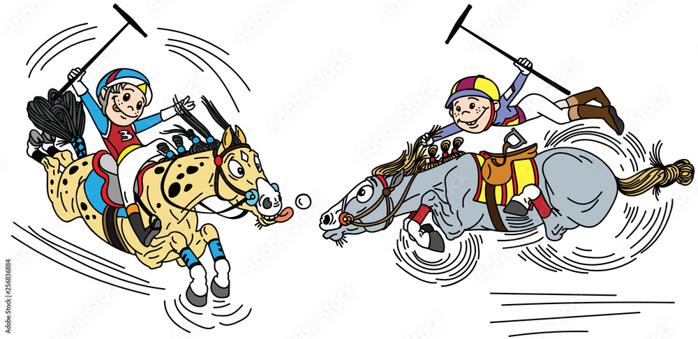 Two little boys on horseback playing a game of polo . Cartoon players and pony horses. Funny equestrian sport. Vector illustration