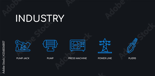 5 outline stroke blue pliers, power line, press machine, pump, pump jack icons from industry collection on black background. line editable linear thin icons.