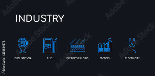 5 outline stroke blue electricity, factory, factory building, fuel, fuel station icons from industry collection on black background. line editable linear thin icons.