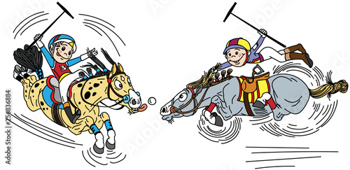 Two little boys on horseback playing a game of polo . Cartoon players and pony horses. Funny equestrian sport. Vector illustration