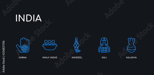 5 outline stroke blue kalasha, kali, kandeel, kanji vadas, karma icons from india collection on black background. line editable linear thin icons.