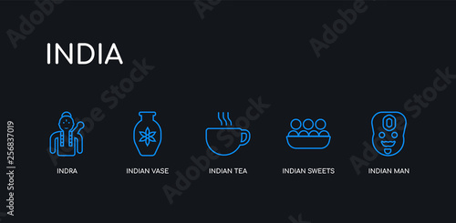 5 outline stroke blue indian man, indian sweets, indian tea, vase, indra icons from india collection on black background. line editable linear thin icons.