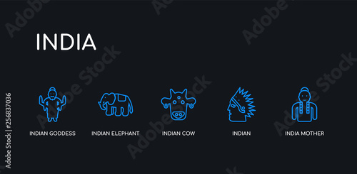 5 outline stroke blue india mother, indian, indian cow, indian elephant, goddess icons from india collection on black background. line editable linear thin icons.