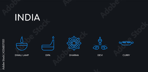 5 outline stroke blue curry, devi, dharma, dipa, diwali lamp icons from india collection on black background. line editable linear thin icons.