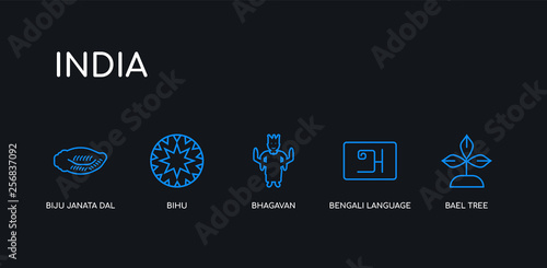 5 outline stroke blue bael tree, bengali language, bhagavan, bihu, biju janata dal icons from india collection on black background. line editable linear thin icons.