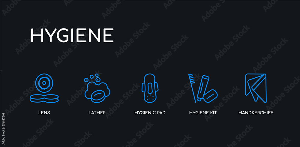 5 outline stroke blue handkerchief, hygiene kit, hygienic pad, lather, lens icons from hygiene collection on black background. line editable linear thin icons.
