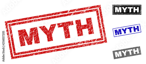 Grunge MYTH rectangle stamp seals isolated on a white background. Rectangular seals with grunge texture in red, blue, black and grey colors. Vector rubber overlay of MYTH text inside rectangle frames.