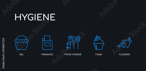 5 outline stroke blue flossing, foam, food hygiene, fragance, gel icons from hygiene collection on black background. line editable linear thin icons.