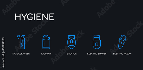 5 outline stroke blue electric razor, electric shaver, epilator, epliator, face cleanser icons from hygiene collection on black background. line editable linear thin icons.