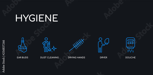 5 outline stroke blue douche, dryer, drying hands, dust cleaning, ear buds icons from hygiene collection on black background. line editable linear thin icons.
