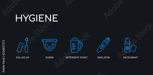 5 outline stroke blue deodorant, depilator, detergent dose?, diaper, dolled up icons from hygiene collection on black background. line editable linear thin icons.