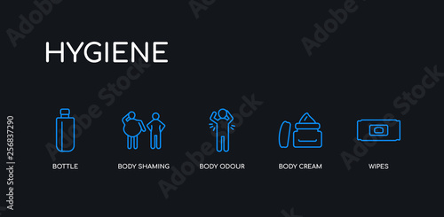 5 outline stroke blue wipes, body cream, body odour, body shaming, bottle icons from hygiene collection on black background. line editable linear thin icons.