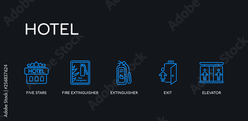 5 outline stroke blue elevator, exit, extinguisher, fire extinguisher, five stars icons from hotel collection on black background. line editable linear thin icons.