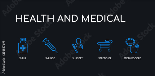 5 outline stroke blue stethoscope, stretcher, surgery, syringe, syrup icons from health and medical collection on black background. line editable linear thin icons.