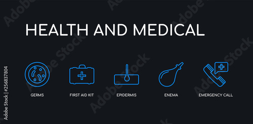5 outline stroke blue emergency call, enema, epidermis, first aid kit, germs icons from health and medical collection on black background. line editable linear thin icons.