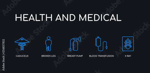 5 outline stroke blue x ray, blood transfusion, breast pump, broken leg, caduceus icons from health and medical collection on black background. line editable linear thin icons.