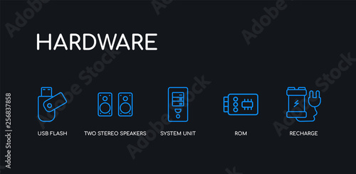 5 outline stroke blue recharge, rom, system unit, two stereo speakers, usb flash icons from hardware collection on black background. line editable linear thin icons.