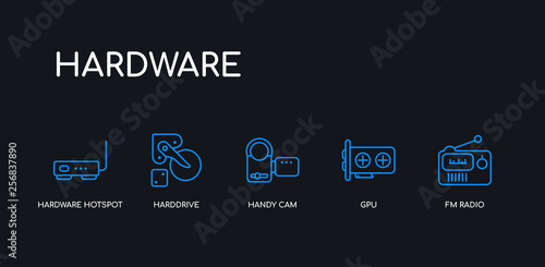 5 outline stroke blue fm radio, gpu, handy cam, harddrive, hardware hotspot icons from hardware collection on black background. line editable linear thin icons.