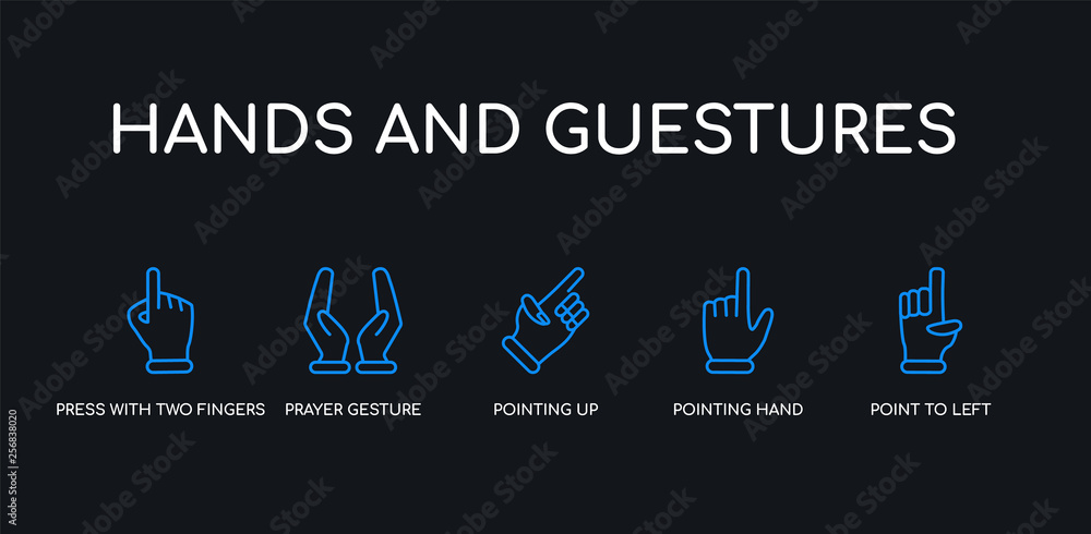 5 outline stroke blue point to left, pointing hand, pointing up, prayer gesture, press with two fingers icons from hands and guestures collection on black background. line editable linear thin
