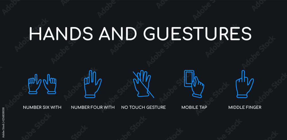 Fototapeta premium 5 outline stroke blue middle finger, mobile tap, no touch gesture, number four with four finger, number six with six fingers icons from hands and guestures collection on black background. line