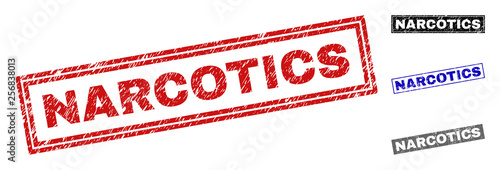 Grunge NARCOTICS rectangle stamp seals isolated on a white background. Rectangular seals with grunge texture in red, blue, black and grey colors.