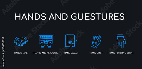 5 outline stroke blue hand pointing down, hand stop, hand swear, hands and keyboard, handshake icons from hands and guestures collection on black background. line editable linear thin icons.