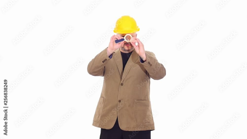 man in suit & helmet reserch mineral with lense white screen man in suit & helmet reserch mineral with lense white screen