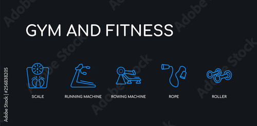 5 outline stroke blue roller, rope, rowing machine, running machine, scale icons from gym and fitness collection on black background. line editable linear thin icons.