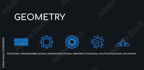 5 outline stroke blue polygonal mountains, polygonal multiple stars, polygonal ornament, ornament of hexagons and triangles, ornamental shape of triangles icons from geometry collection on black