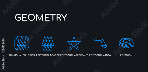 5 outline stroke blue pentagon, polygonal arrow up, polygonal ascendant, polygonal boat of small triangles, buildings of small triangles icons from geometry collection on black background. line